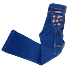 Calça Infantil PRB Jeans Azul Escuro Flare Carpinteira Bordada Com Flores Ref: 605