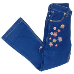 Calça Infantil PRB Jeans Azul Escuro Flare Carpinteira Bordada Com Flores Ref: 605
