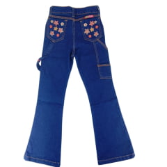 Calça Infantil PRB Jeans Azul Escuro Flare Carpinteira Bordada Com Flores Ref: 605