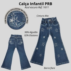 Calça Infantil PRB Jeans Azul Escuro Flare Com Bordados De Estrelas Em Prata Ref:1611