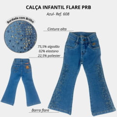 Calça Infantil PRB Jeans Azul Médio Flare Bordada Com Brilho Ref: 608