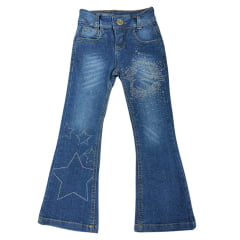 Calça Infantil Red Horse Feminina Jeans Azul Escuro Flare Com Bordados Com Brilho Ref:3079