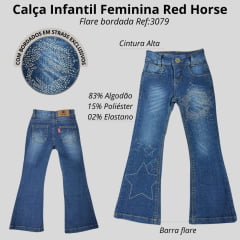 Calça Infantil Red Horse Feminina Jeans Azul Escuro Flare Com Bordados Com Brilho Ref:3079