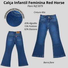 Calça Infantil Red Horse Feminina Jeans Azul Escuro Flare Com Brilho Na Frente Ref:3079