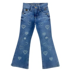 Calça infantil República Caipira Jeans Emma C/ Bordado Coração Lycra Flare Ref:2027
