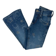 Calça Infantil República Caipira Jeans Maya Stonada Com Brilho de Estrelas Flare Ref.2050