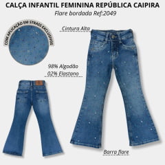 Calça Infantil República Caipira Jeans Nina Stonada Com Pedras Coloridas Flare Ref.2049