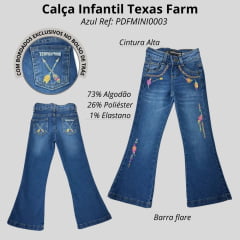 Calça Infantil Texas Farm Vitality Jeans Azul Médio Flare Com Bordados De Pena E Flecha Em Amarelo/Pink Ref:PDFMINI003