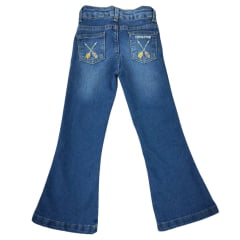 Calça Infantil Texas Farm Vitality Jeans Azul Médio Flare Com Bordados De Pena E Flecha Em Amarelo/Pink Ref:PDFMINI003