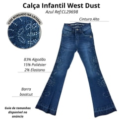 Calça Infantil West Dust Jeans Azul Escuro Bootcut Com Detalhes De Strass Bordado Ref:CL29698