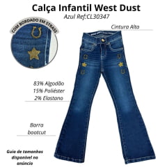 Calça Infantil West Dust Jeans Azul Escuro Mix Bootcut  Com Detalhes De Strass E Bordado Ref:CL30347