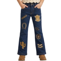 Calça Infantil Feminina PRB Flare Azul Médio Com Bordados Em Marrom - REF:1631