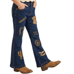 Calça Infantil Feminina PRB Flare Azul Médio Com Bordados Em Marrom - REF:1631