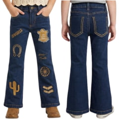 Calça Infantil Feminina PRB Flare Azul Médio Com Bordados Em Marrom - REF:1631 Calça Infantil Feminina PRB Flare Azul Médio Com Bordados Em Marrom - REF:1631