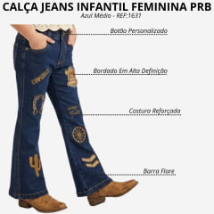 Calça Infantil Feminina PRB Flare Azul Médio Com Bordados Em Marrom - REF:1631