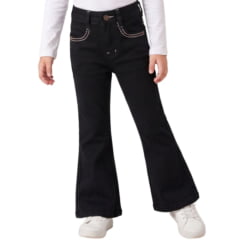 Calça Infantil Feminina PRB Flare Preta Com Bordado Rosa Nos Bolsos - REF:1629