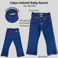 Calça Menina Infantil Baby Ranch Jeans Azul Stonada Lisa Flare Ref:2002