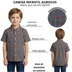 Camisa Infantil Aurochs Manga Curta Xadrez Azul Marinho Sem Bolso Com Logo Bordado Vermelho  Ref:055