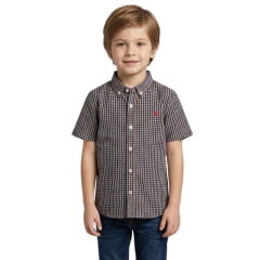Camisa Infantil Aurochs Manga Curta Xadrez Azul Marinho Sem Bolso Com Logo Bordado Vermelho  Ref:055