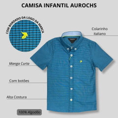 Camisa Infantil Aurochs Manga Curta Xadrez Azul Royal Com Logo Bordado Amarelo