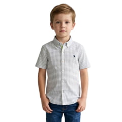 Camisa Infantil Aurochs Manga Curta Xadrez Branco E Cinza Sem Bolso Com Logo Bordado Azul Marinho  Ref:056