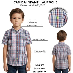 Camisa Infantil Aurochs Manga Curta Xadrez Colorido Sem Bolso Com Logo Bordado Verde Fluor Ref:051