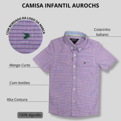 Camisa Infantil Aurochs Manga Curta Xadrez Lilás/Branco Com Logo Bordado Verde Escuro