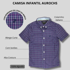 Camisa Infantil Aurochs Manga Curta Xadrez Roxo/Branco Com Logo Azul Escuro