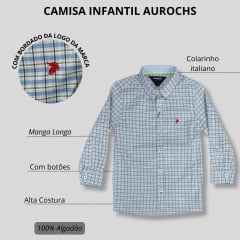 Camisa Infantil Aurochs Manga Longa Sem Bolso Xadrez Azul Claro/Cinza Com Logo Bordado Vermelho