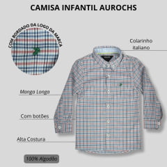 Camisa Infantil Aurochs Manga Longa Sem Bolso Xadrez Azul Claro/Vermelho Claro Com logo Bordado Verde