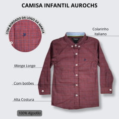 Camisa Infantil Aurochs Manga Longa Sem Bolso Xadrez Bordô Com Logo Bordado Azul Marinho