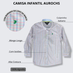 Camisa Infantil Aurochs Manga Longa Sem Bolso Xadrez Rosa Claro/Azul Claro Com Logo Bordado Verde