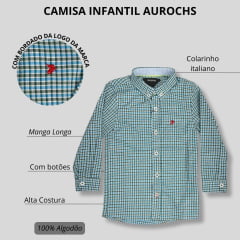 Camisa Infantil Aurochs Manga Longa Sem Bolso Xadrez Verde/Azul Branco Com Logo Bordado Vermelho