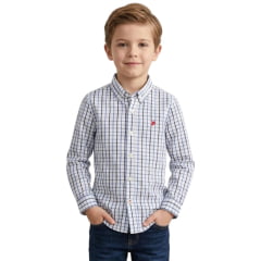 Camisa Infantil Aurochs Manga Longa Xadrez Branco E Azul Claro Sem Bolso Com Logo Bordado Vermelho Ref:036