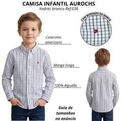 Camisa Infantil Aurochs Manga Longa Xadrez Branco E Azul Claro Sem Bolso Com Logo Bordado Vermelho Ref:036