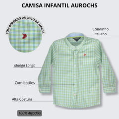 Camisa Infantil Aurochs Manga Longa Xadrez Verde Claro Com Logo Bordado Vermelho