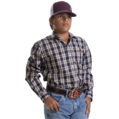 Camisa Infantil Austin Western Manga Longa Xadrez Azul Marinho E Laranja Logo Laranja REF:13645