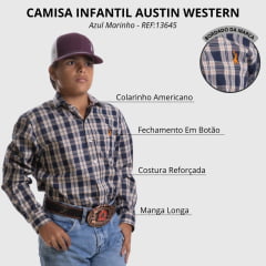 Camisa Infantil Austin Western Manga Longa Xadrez Azul Marinho E Laranja Logo Laranja REF:13645