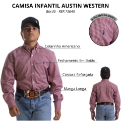 Camisa Infantil Austin Western Manga Longa Xadrez Bordô Logo Azul Marinho REF:13645