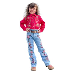 Camisa Infantil Country City Pink Manga Longa Com Bordado De Rosas Ref: DANI CBD2045