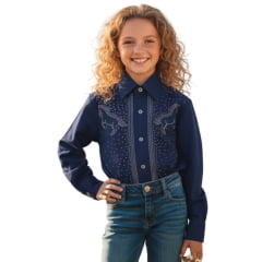 Camisa Infantil Feminina Laço Forte Manga Longa Azul Marinho Com Pedraria Ref:2025 Camisa Infantil Feminina Laço Forte Manga Longa Azul Marinho Com Pedraria Ref:2025