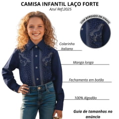 Camisa Infantil Feminina Laço Forte Manga Longa Azul Marinho Com Pedraria Ref:2025