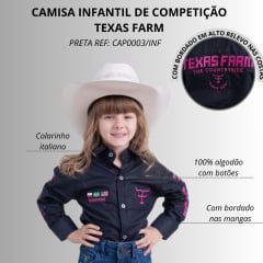 Camisa Infantil Feminina Texas Farm Manga Longa P/ Competição Preta E Rosa Pink Ref:CAP003/INF