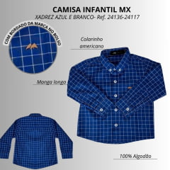 Camisa Infantil Juvenil Mx72 Concept M. Longa 100% Algodão Quadriculado Country Azul Royal/Branco Ref:24136-24117