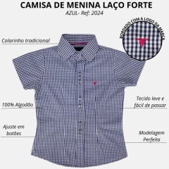 Camisa Infantil Laço Forte Manga Curta Xadrez Azul Branco 2024