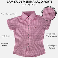 Camisa Infantil Laço Forte Manga Curta Xadrez Pequeno Rosa 2024
