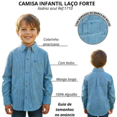 Camisa Infantil Laço Forte Manga Longa Xadrez Azul Com Logo Azul Manga Longa Ref:1711