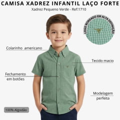 Camisa Infantil Laço Forte Manga Curta Xadrez Pequeno Verde Logo Verde Musgo Ref:1710