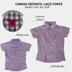 Camisa  Infantil Laço Forte Manga Curta Xadrez Rosa Claro Ref:2024
