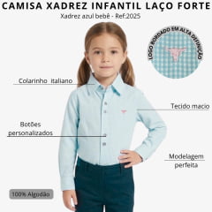 Camisa Infantil Laço Forte Manga Longa Xadrez Azul Bebê Logo Rosa Ref:2025